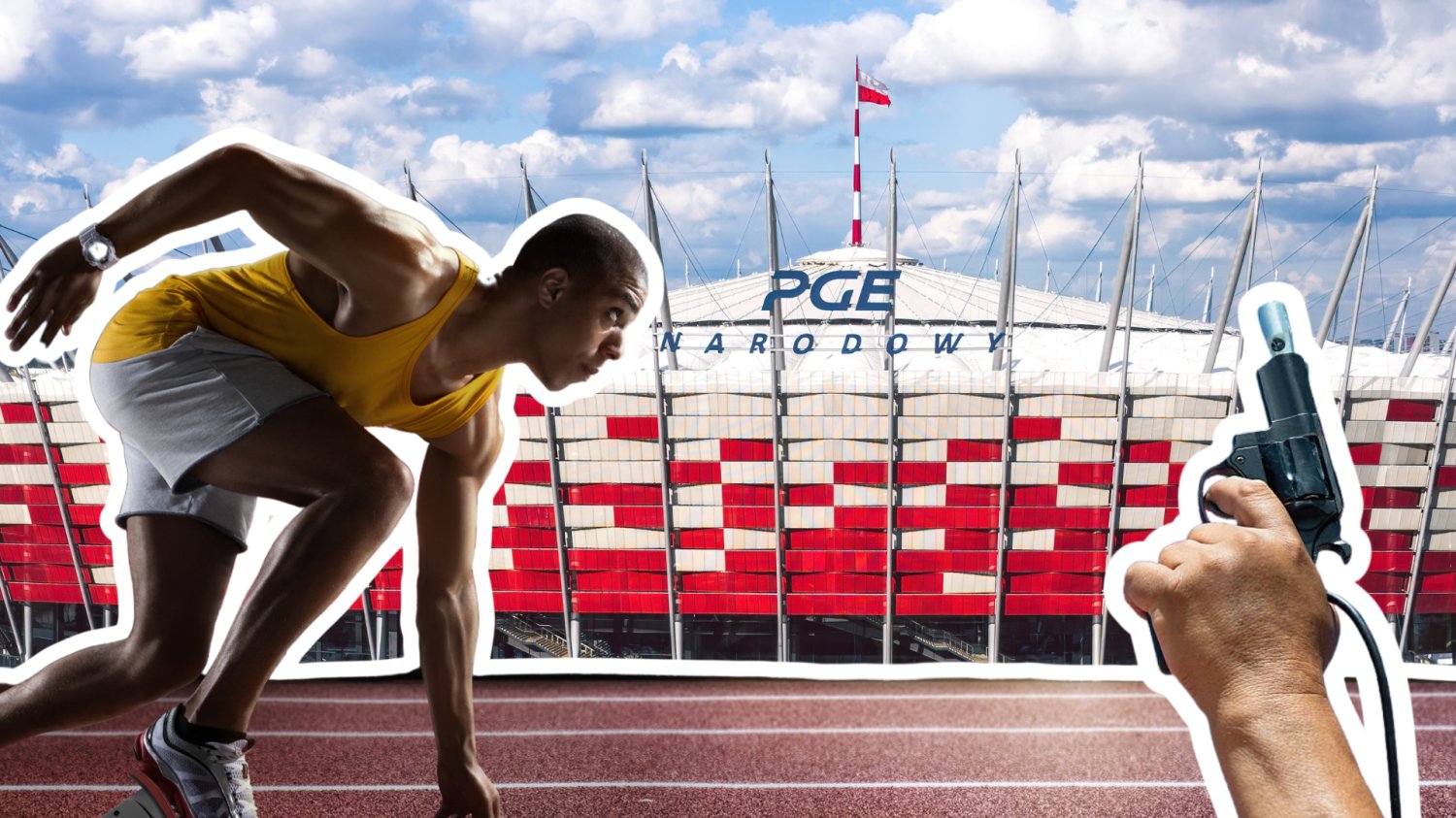 PGE Narodowy ma być powiększony do 80 tys. miejsc. Rozpalają marzenia o zniczu olimpijskim Stadion Narodowy w Warszawie w tle. Z przodu sprinter na bieżni i wystrzał z pistoletu startowego.