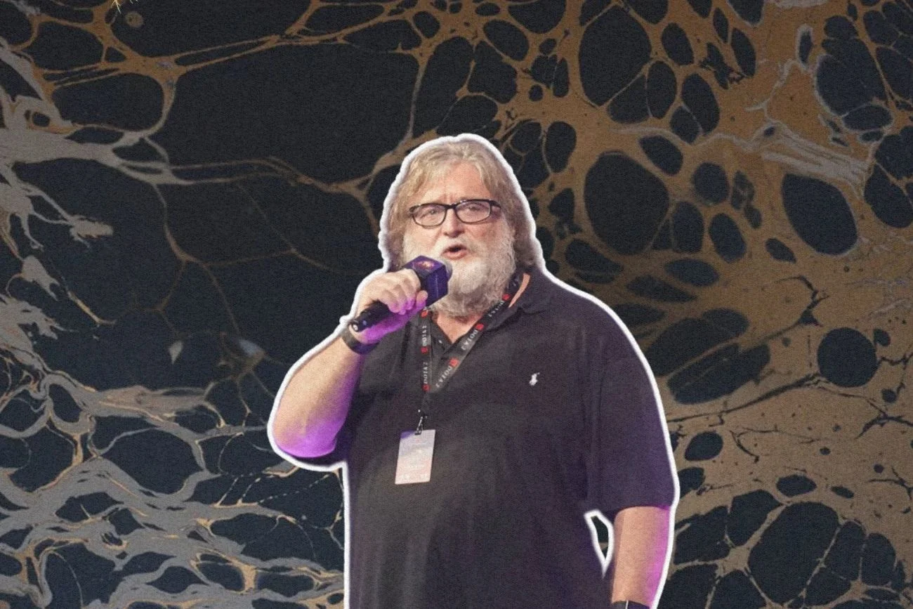 Gabe Newell i tło z neuronów.