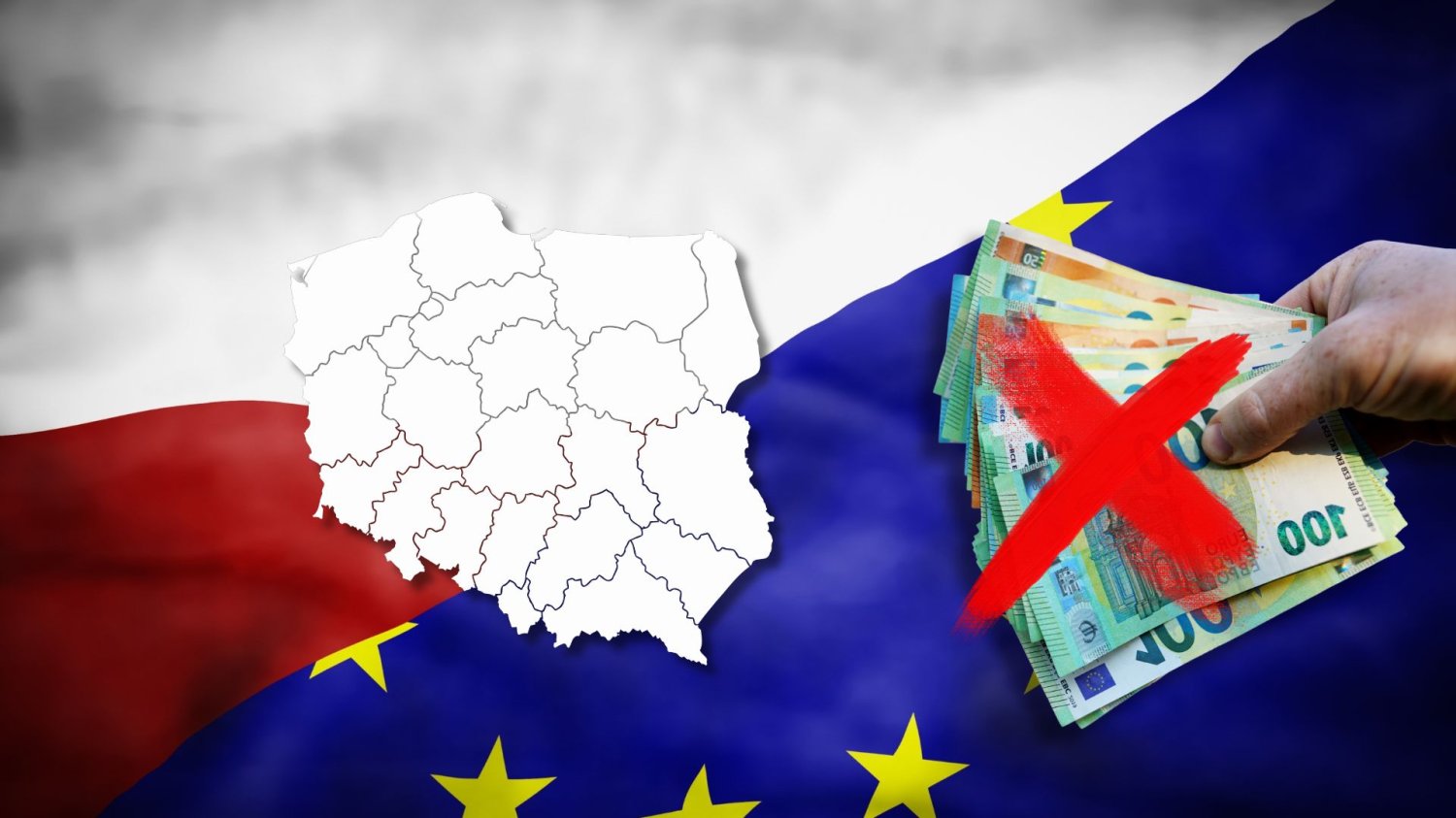 Polska Wschodnia traci miliardy od UE na szkoły czy drogi. Kluczowy program bez kontynuacji Mapa Polski, flaga Polski i Unii Europejskiej oraz przekreślona ręka z banknotami euro. Polska Wschodnia traci unijne miliardy. Kluczowy program bez kontynuacji