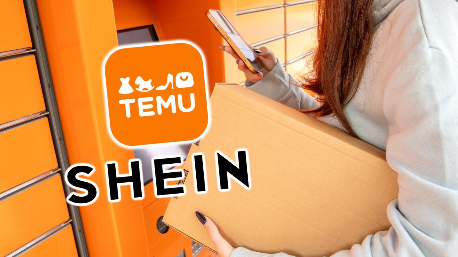 SHEIN i Temu pod lupą rządu i UE. Koniec jazdy bez trzymanki przez granice Kobieta z telefonem i paczką stojąca przy paczkomacie. Logo Temu i SHEIN.