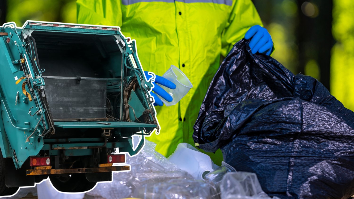 Od 1 Kwietnia wyższe opłaty za śmieci. Samorządy oskarżają system kaucyjny Mężczyzna segreguje śmieci. Wkłada plastikowe butelki do worka. Z przodu samochód przewożący śmieci.