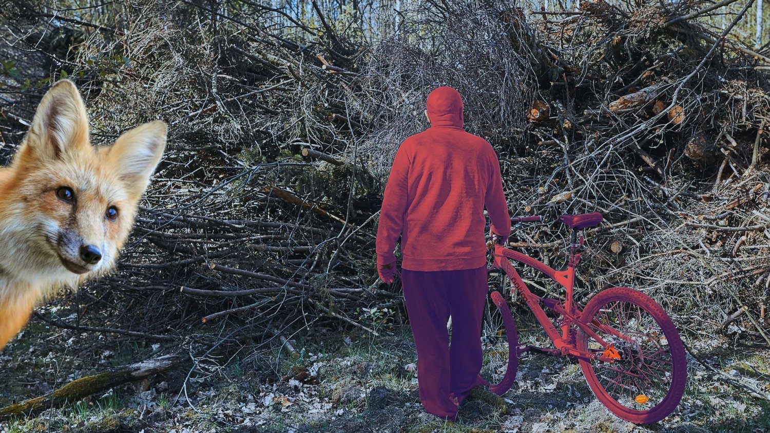 Mężczyzna przy chruście i gałęziach oraz lis. Leśniczy tłumaczy mi, że do odstraszania złodziei w lasach stosuje się np. lisi mocz.