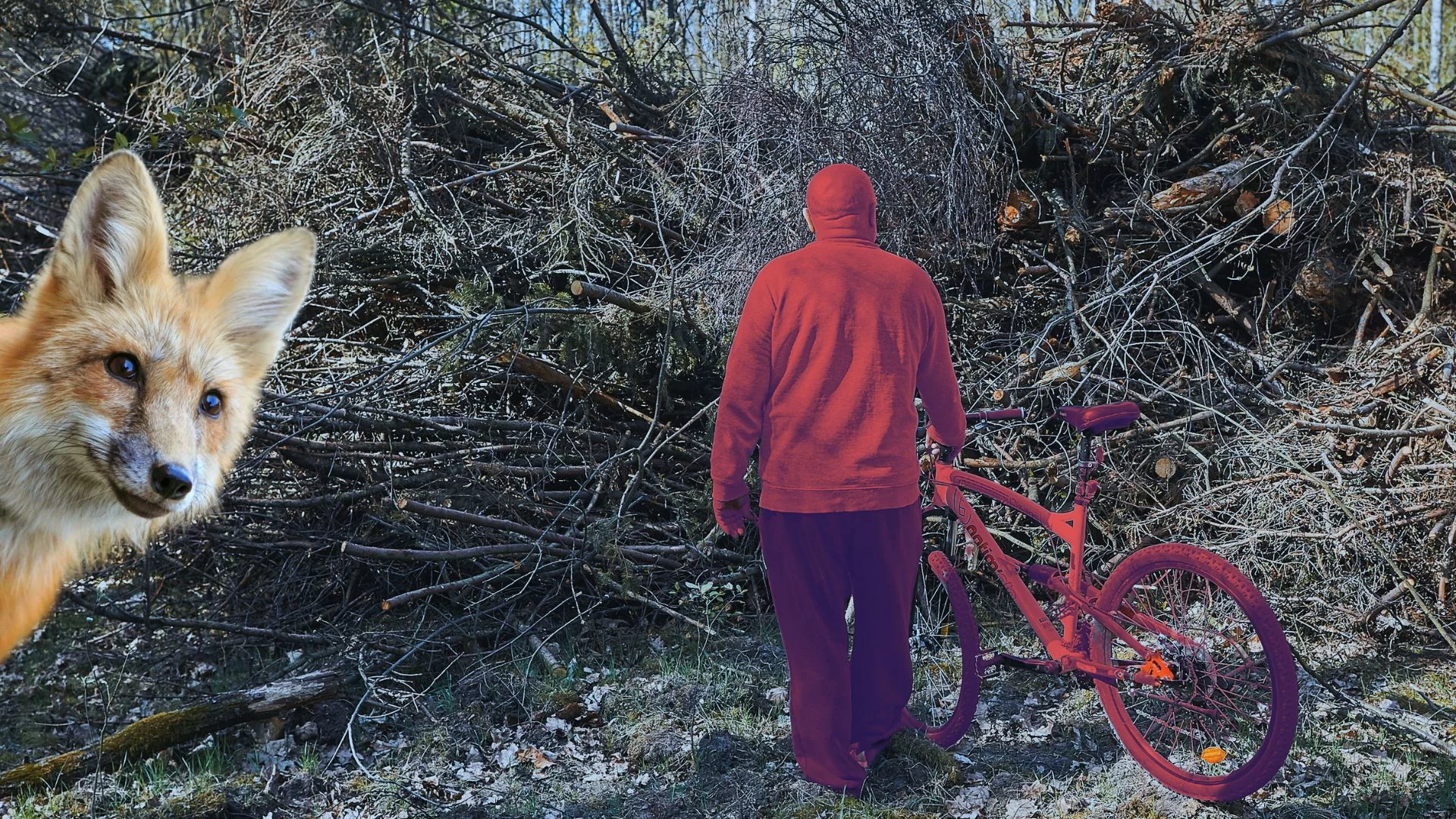 Mężczyzna przy chruście i gałęziach oraz lis. Leśniczy tłumaczy mi, że do odstraszania złodziei w lasach stosuje się np. lisi mocz.