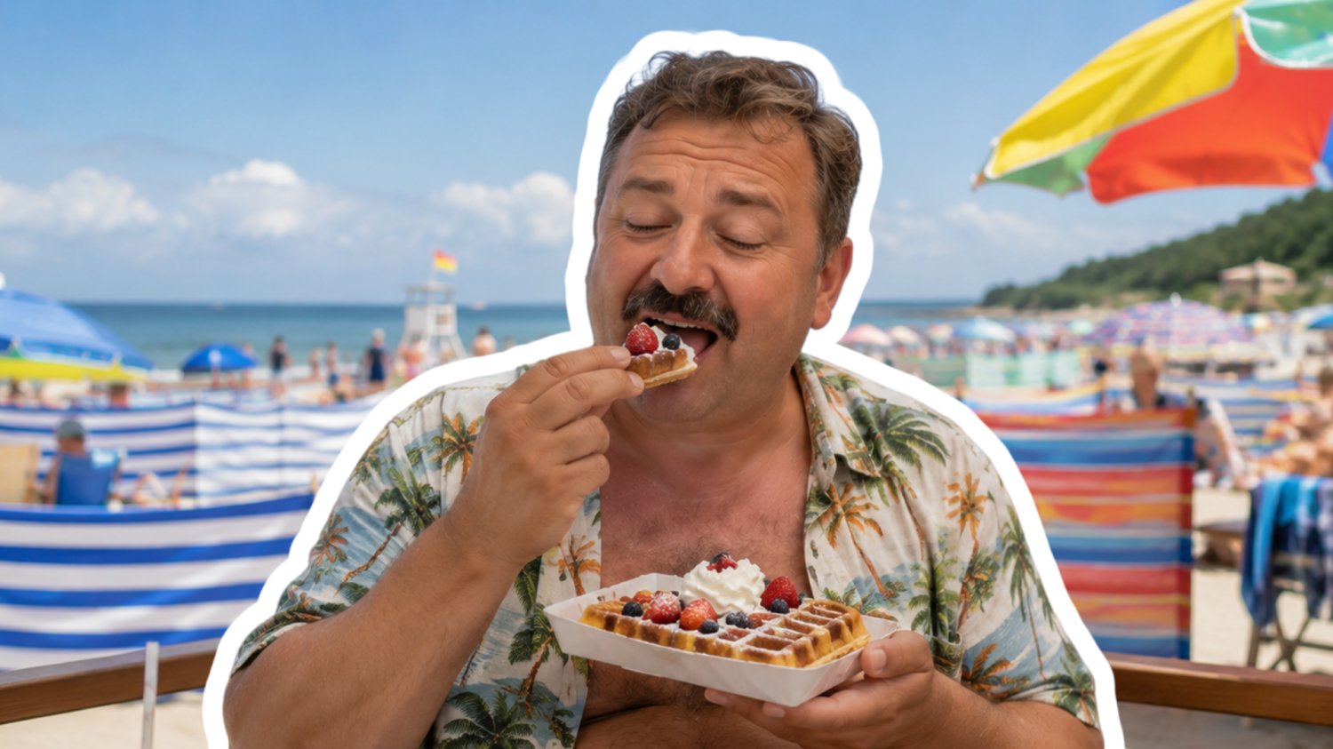 Polacy kochają gofry i zapiekanki. Wyniki kontroli studzą wakacyjne apetyty Mężczyzna zajadający się gofrem w wakacyjnej, rozpiętej koszuli. Za nim plaża pełna turystów. Parawany, parasole.