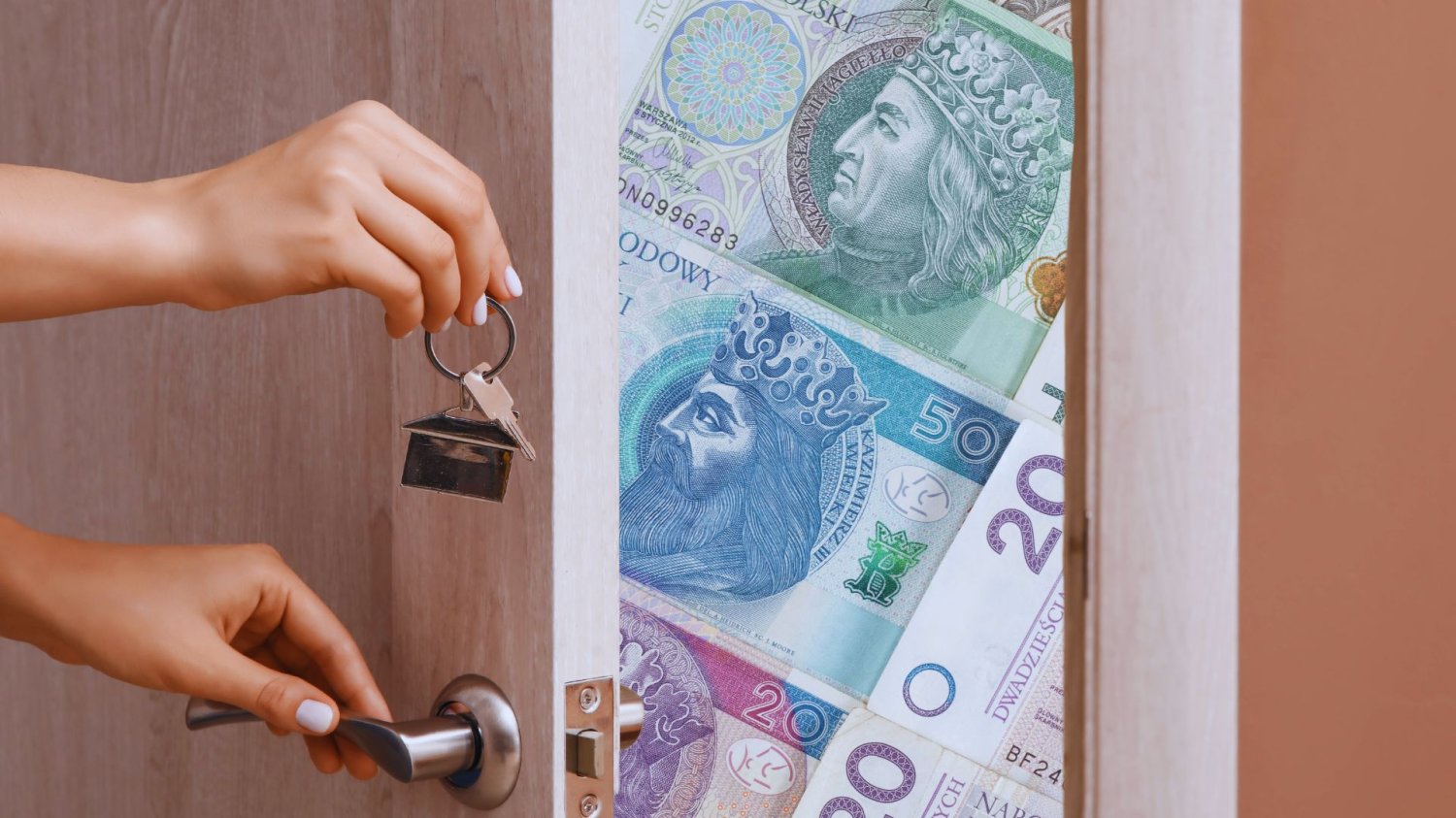 Dłoń z kluczami otwarte drzwi a w nich banknoty polskich złotych. Koniec unikania kontroli. Jak odmówisz zapłacisz albo wjedzie policja