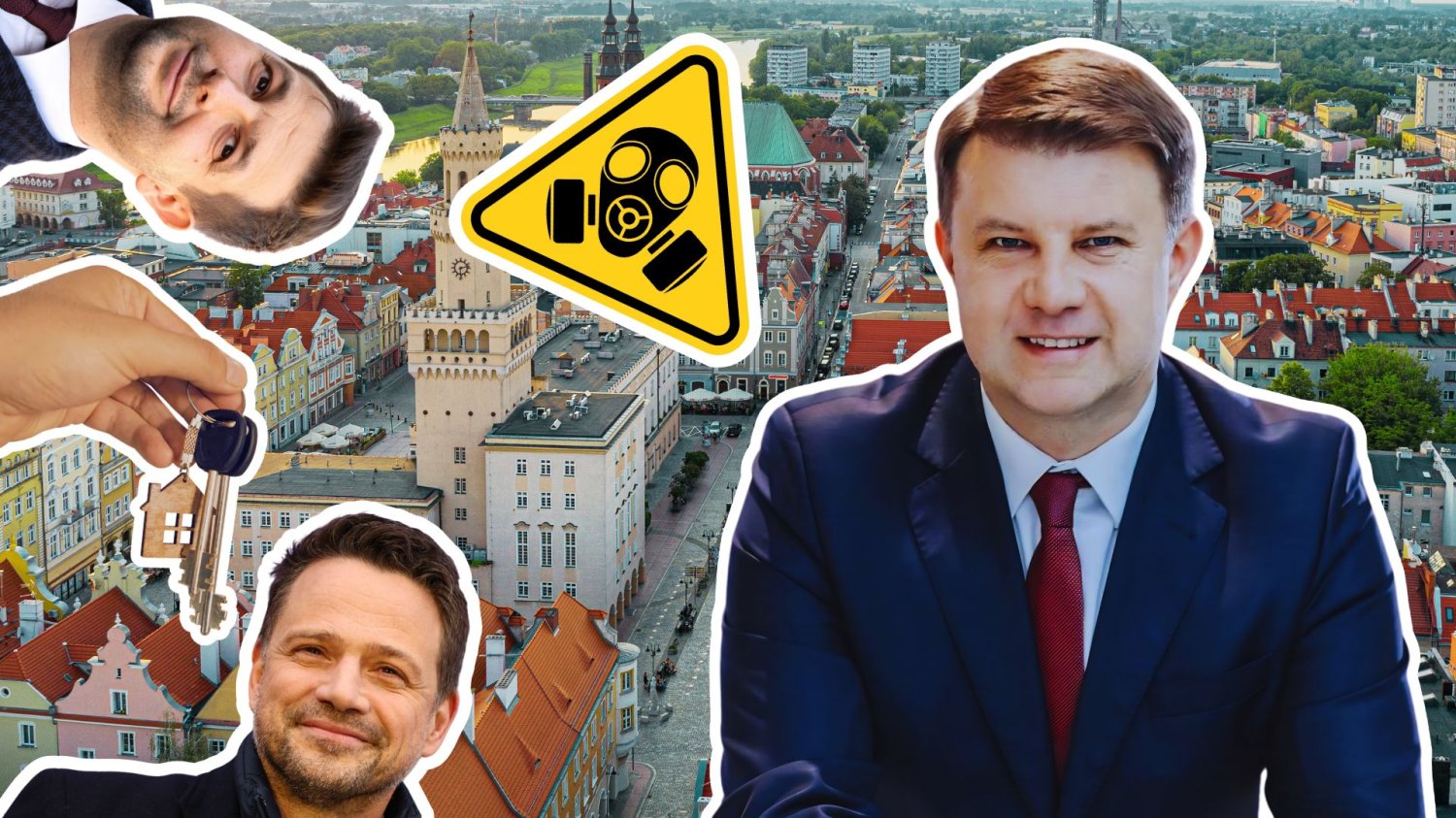 Prezydent Opola Arkadiusz Wiśniewski, Rafał Trzaskowski, Patryk Jaki, panorama Opola i znak ostrzegawczy z maską przeciwgazową. Arkadiusz Wiśniewski o kulisach rządzenia Opolem. Afera mieszkaniowa, cenzura w amfiteatrze i zemsta Jakiego