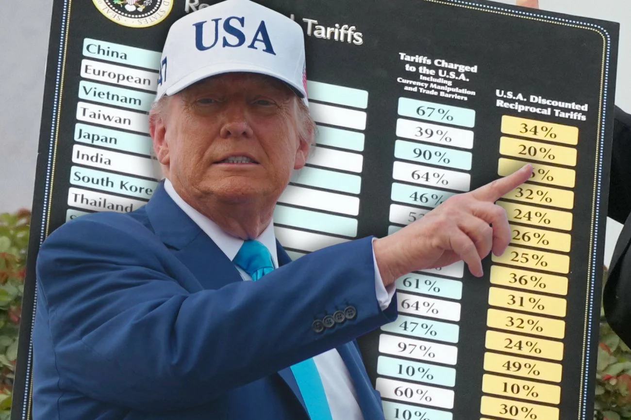 Donald Trump i tablica z cłami handlowymi.