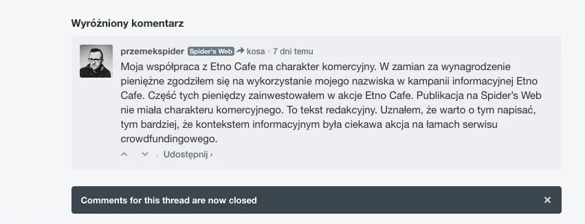 Komentarz uzupełniający Przemysława Pająka do tekstu o inwestowaniu w Etno Cafe
