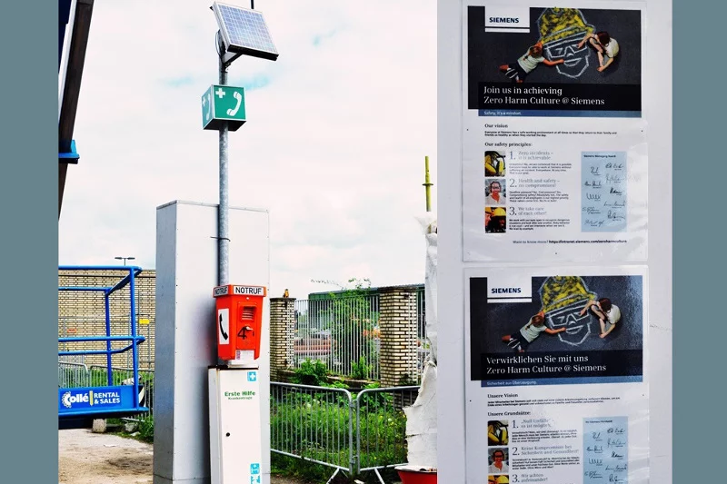 Budka ratownicza na terenie budowy w Niemczech. Jedna z wielu, służących pracownikom w celu wezwania pomocy w przypadku zagrożenia życia lub zdrowia, kogoś z ekipy.
