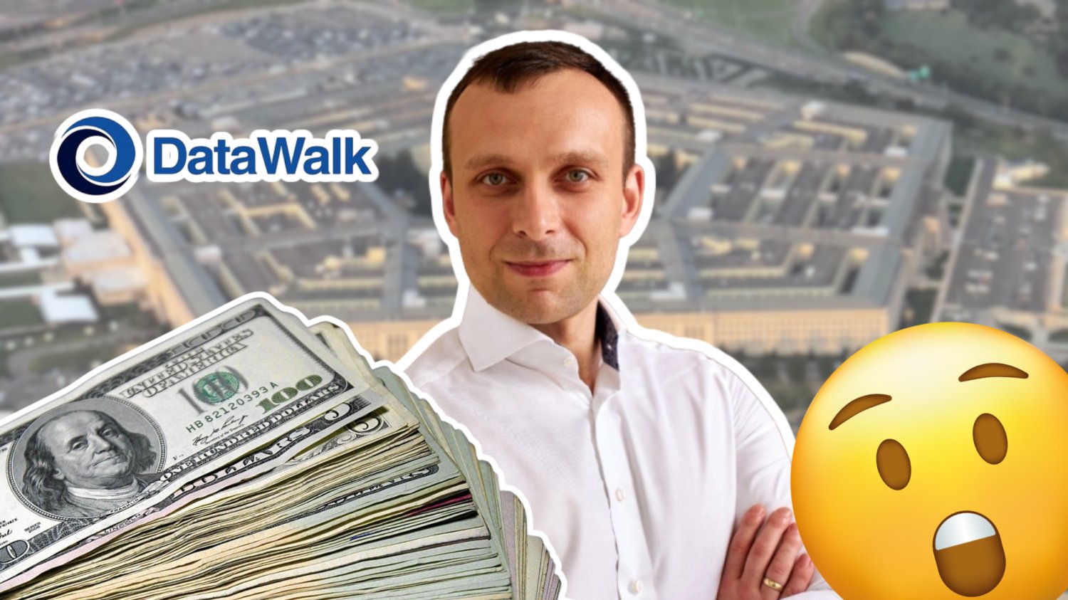 DataWalk z 33 mln dolarów. Polska technologia idzie po Pentagon Prezes DataWalk. W tle Pentagon. Logo DataWalk. Plik dolarów i zaskoczona emotka.