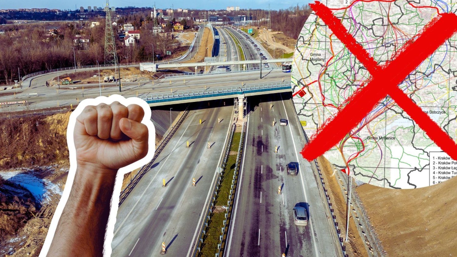 Pięść uniesiona do góry, przekreślona mapa z planami trasy na tle budowy drogi ekspresowej. Rewolucja w związku z S7 Kraków-Myslenice. Presja społeczna przyniosła przełom