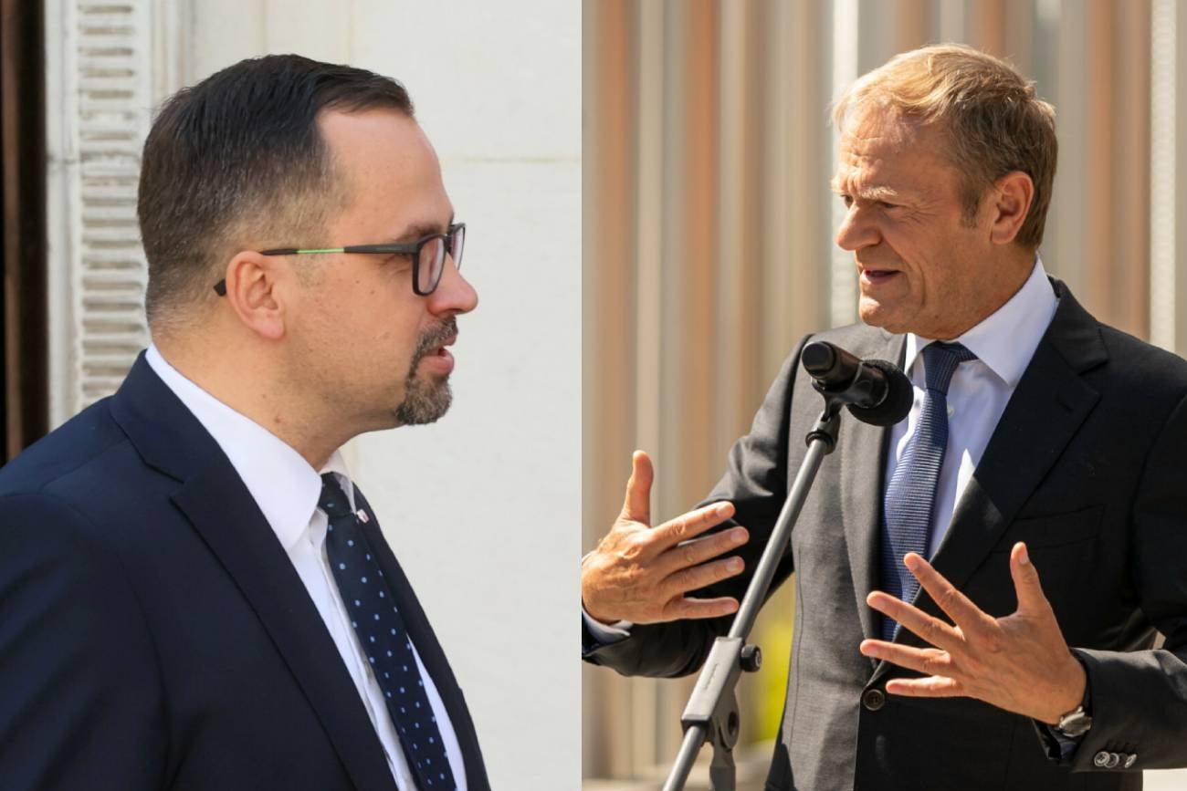 Lider PO Donald Tusk i pełnomocnik rządu ds. CPK Marcin Horała