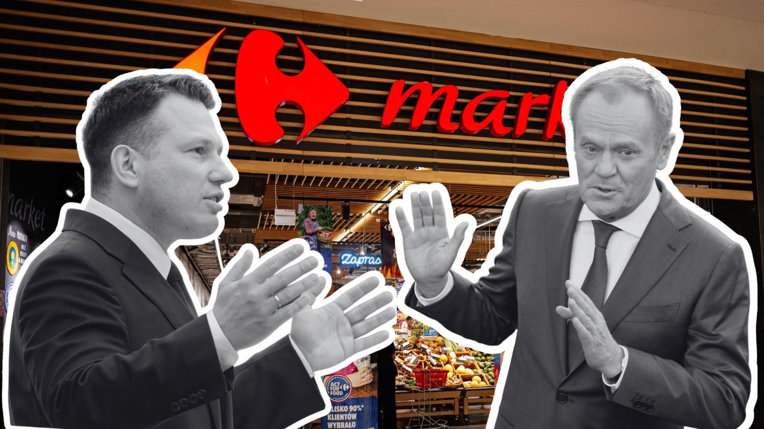 Sławomir Mentzen i Donald Tusk na tle sklepu Carrefour. Rząd chce kupić Carrefoura.