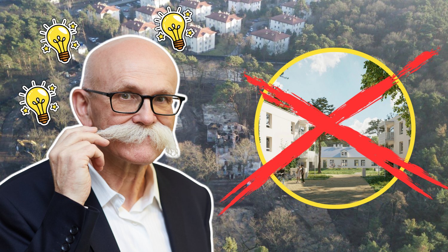 Prezes Arche. Żółter żarówki nad jego głową. W tle teren budowy w Otwocku. W przekreslonym kółku wizualizacja budowy nowego osiedla w Otwocku.