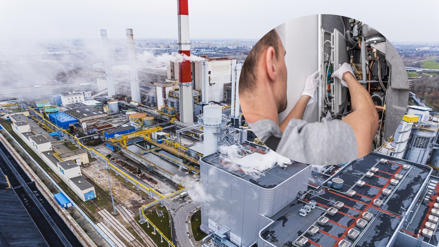 Montaż elektrociepłowni Żerań z wklejonym w kółku mężczyzną patrzącym do domowej instalacji ogrzewania. Rekordowe zapotrzebowanie na energię. Najwięcej zapłacą posiadacze pomp ciepła
