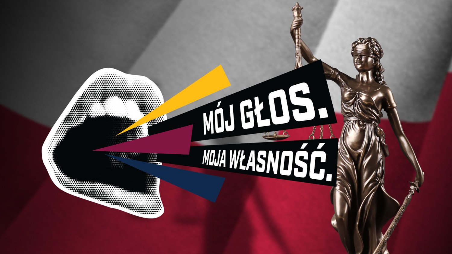 W prawie jest zagrożenie, wiszące nad artystami. Lektorzy podnieśli krzyk do rządu Polska flaga, Temida i logo akcji "Mój głos. Moja własność".