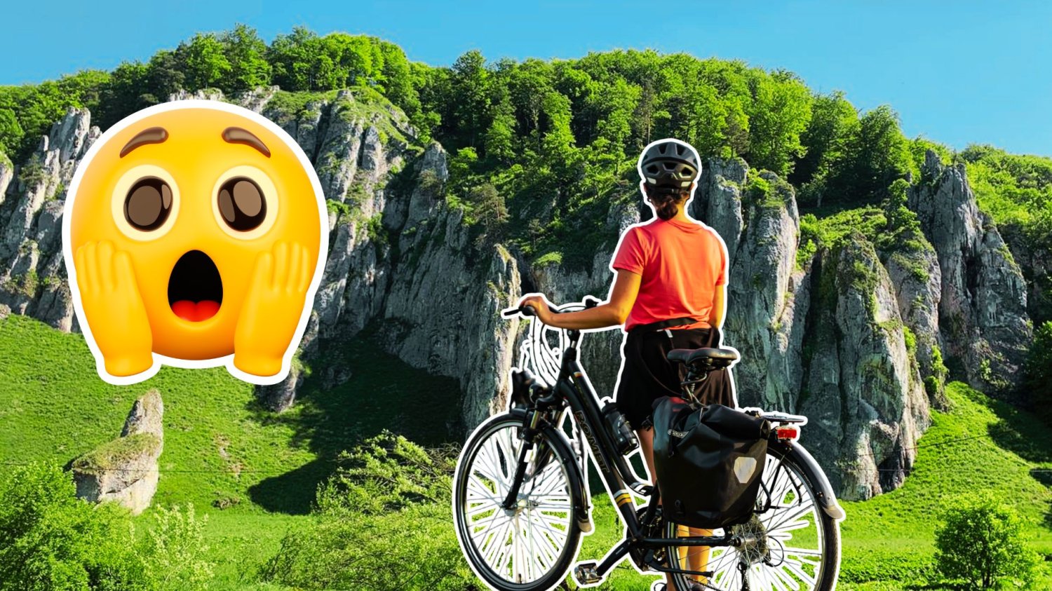 Rowerzystka, krajobraz i zdziwiona emoji. 57 km nowej trasy rowerowej w Małopolsce. Rowerzyści ją pokochają