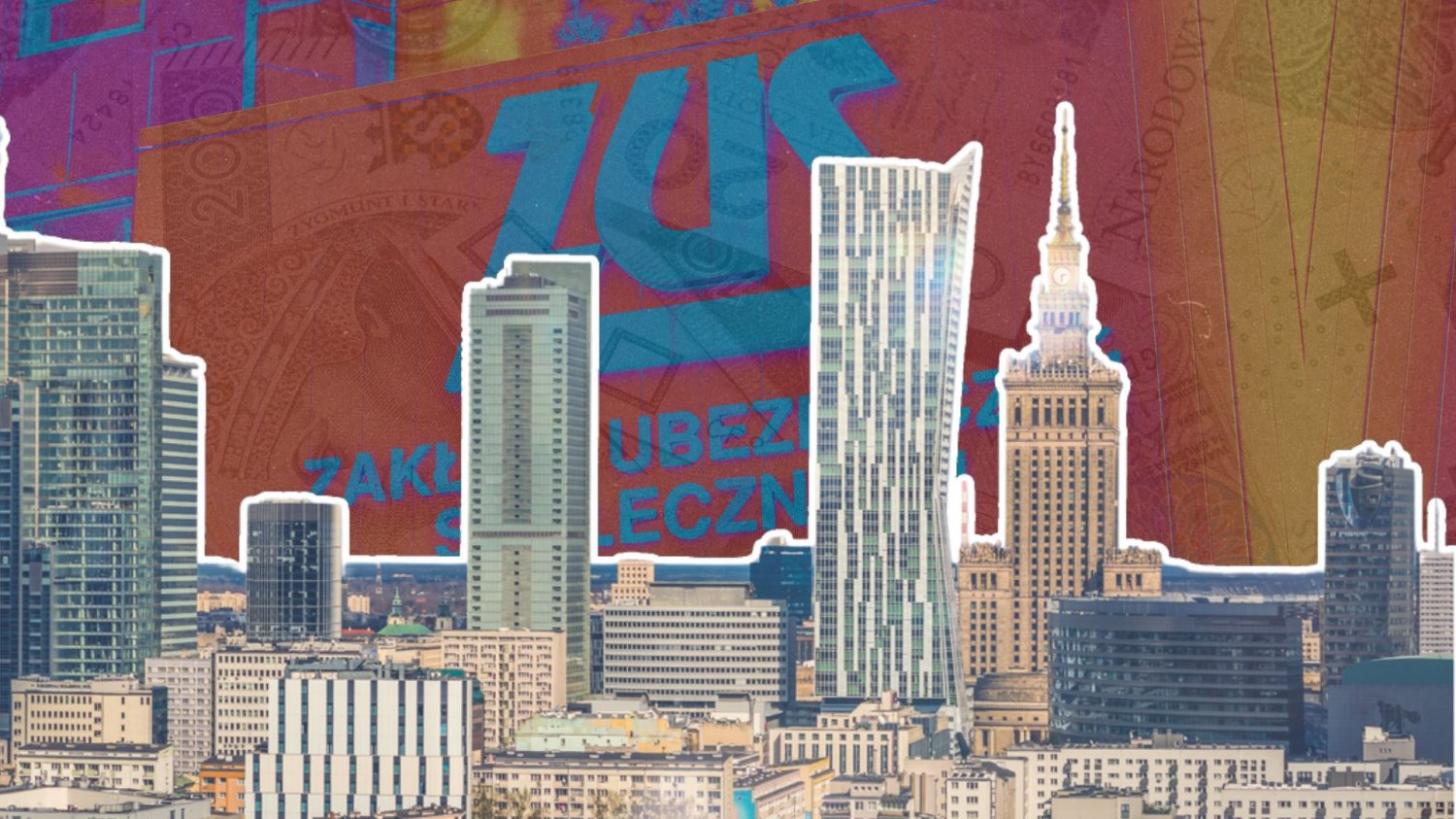 Logo ZUS i pieniądze z panoramą Warszawy.