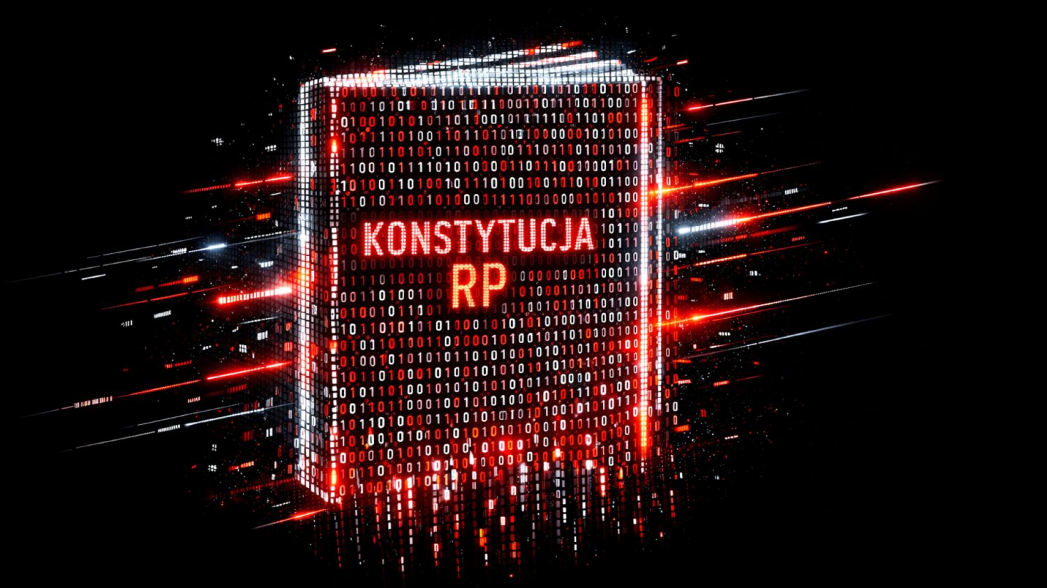 Zera i jedynki układające się w okładkę z napisem "Konstytucja RP".
