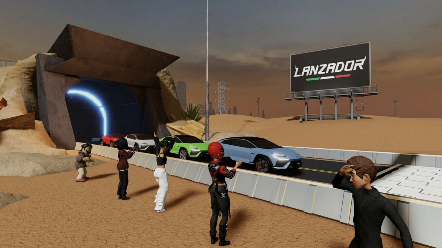 Zdjęcie ekranu z gry Roblox. Awatary oglądają samochody wyjeżdżające z tunelu. W tle pustynny krajobraz.