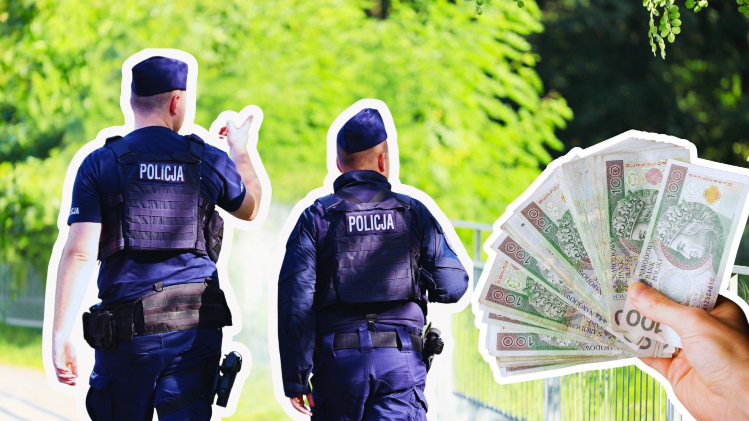 Policjanci i ręka z banknotami. Dodatkowe 300 mln zł dla służb MSWiA. Mundurowi dostaną gotówkę na rozwój