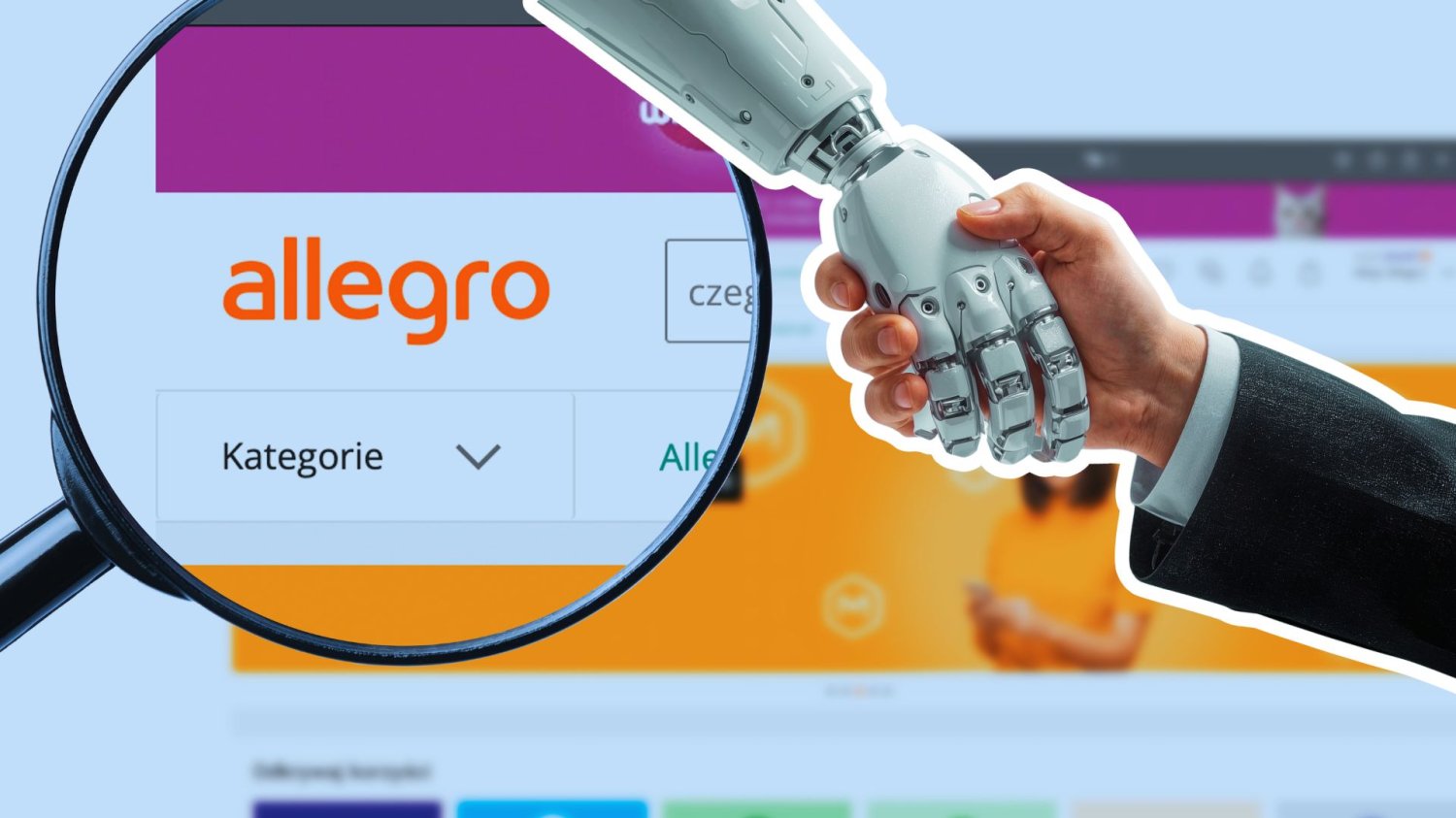 Platforma Allegro oraz uścisk dłoni robota z człowiekiem. Nowy asystent AI na Allegro. Technologia zrobi z Ciebie najlepszego sprzedawcę