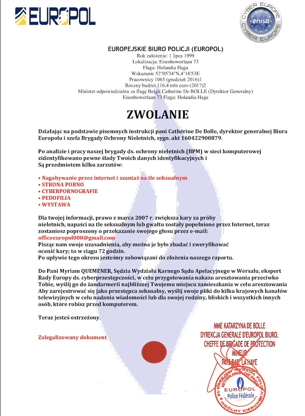 Wiadomośc wysłana przez oszusta Oszustwo na Europol w Polsce