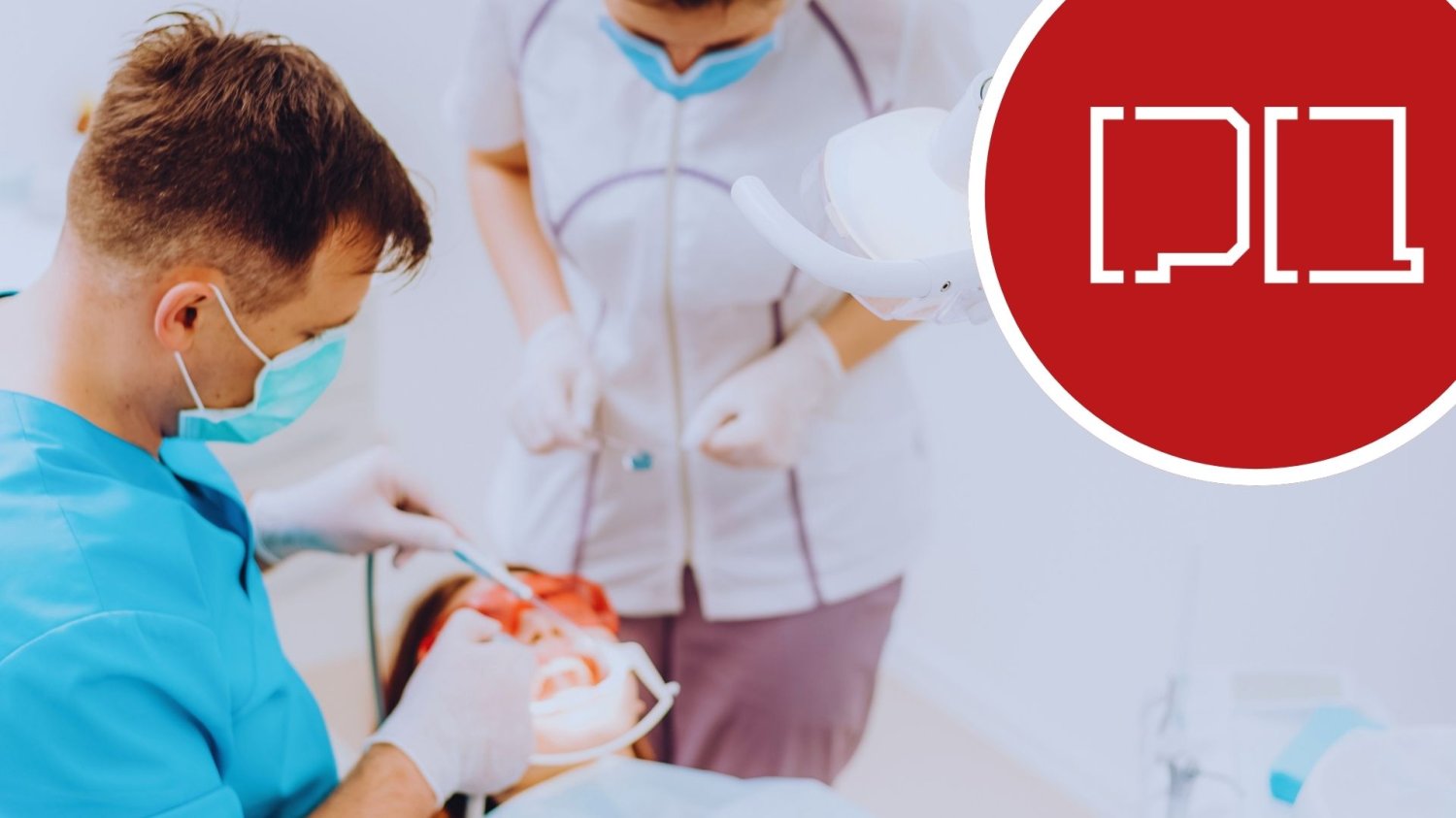 Wizyta u dentysty i logo Politechniki Lubelskiej. Zapomnij o ciągłym leczeniu zębów. Nowy patent z naukowców z Politechniki Lubelskiej.