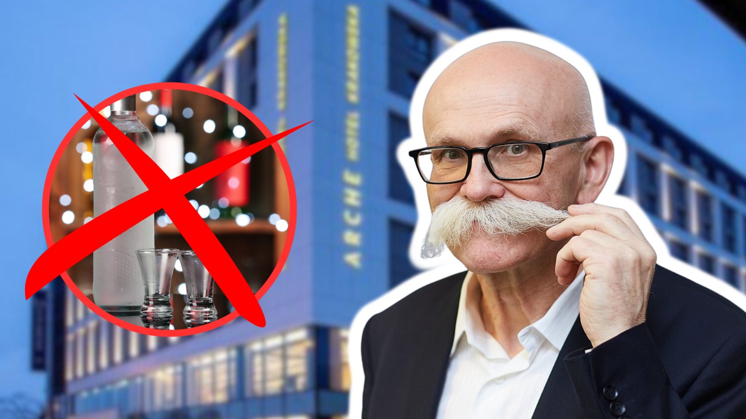 Władysław Grochowski. Właściciel Grupy Arche. W tle Hotel Arche w Warszawie. Przekreślona butelka wódki i kieliszki.