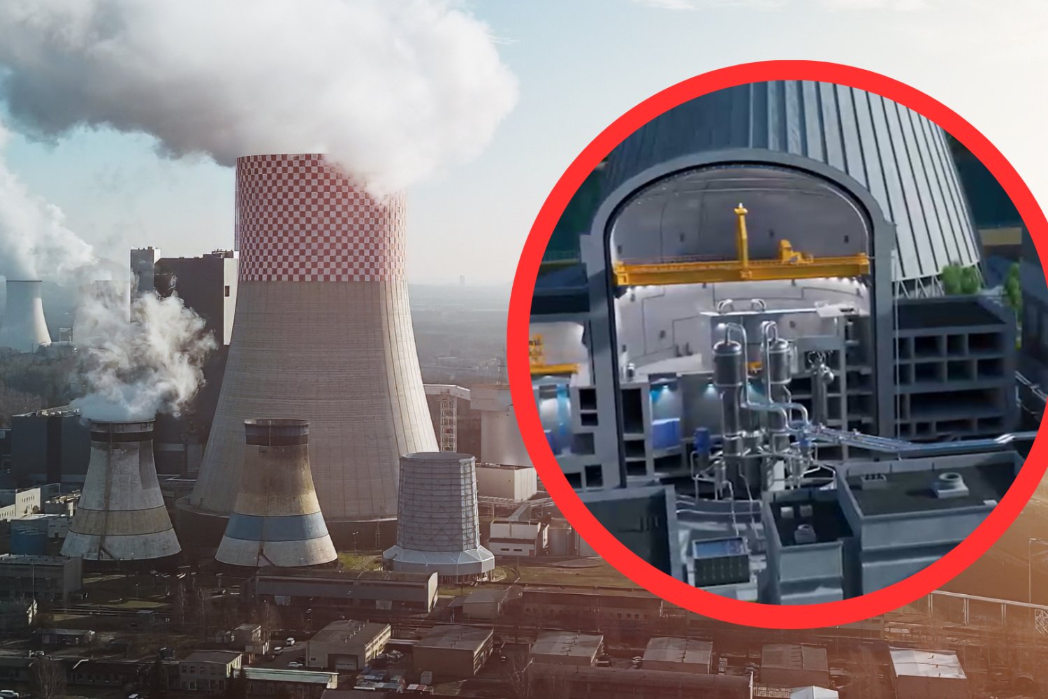 Elektrownia Jądrowa, ogromny komin. W kółku wizualizacja pierwszej elektrowni jądrowej w Polsce