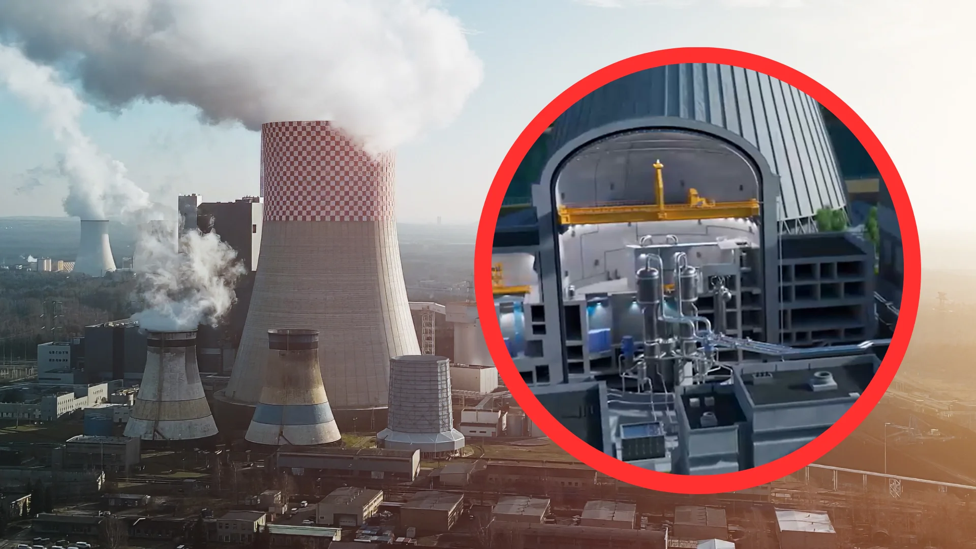 Elektrownia Jądrowa, ogromny komin. W kółku wizualizacja pierwszej elektrowni jądrowej w Polsce