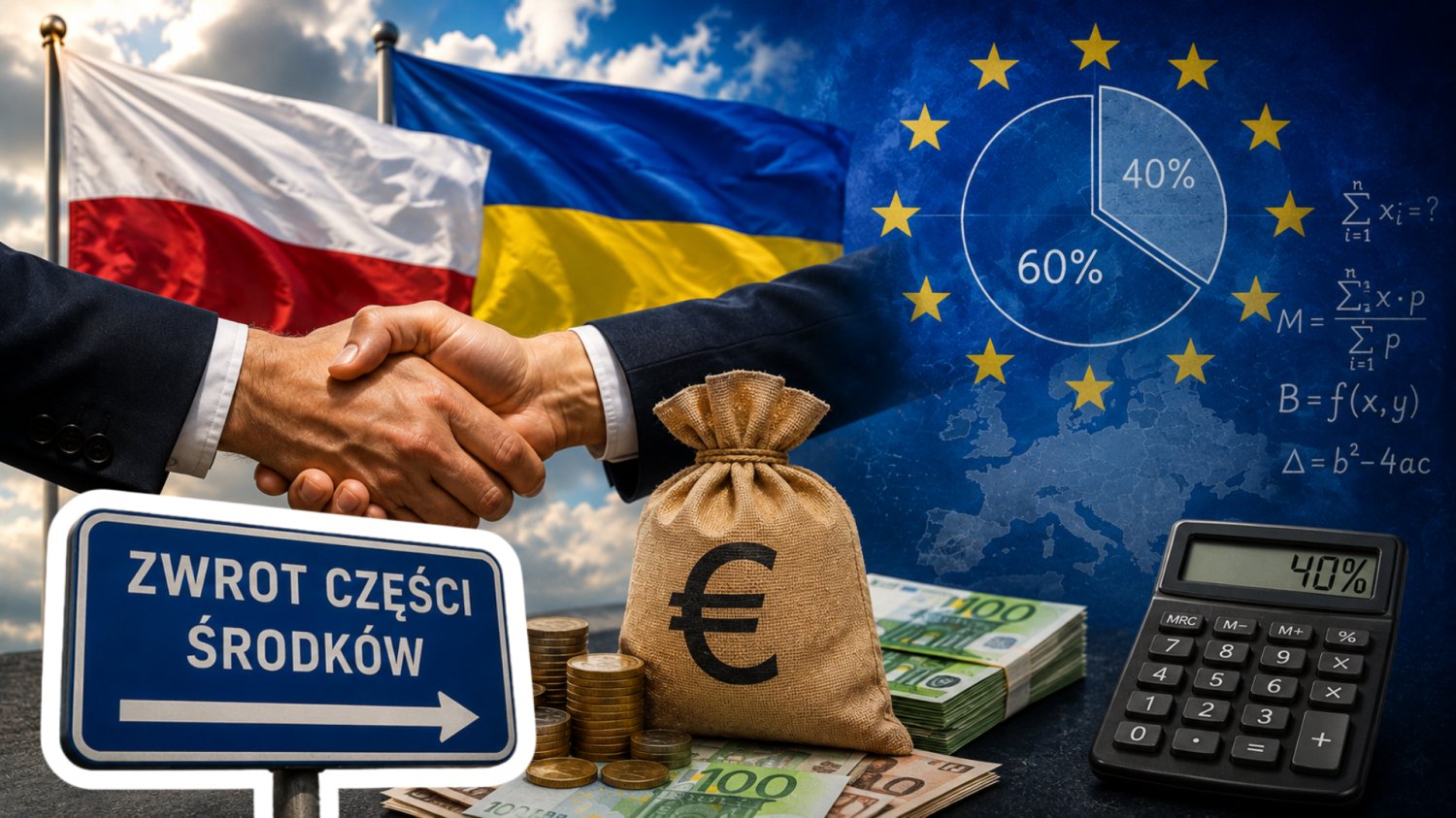Polska odzyska tylko część kwoty za pomoc Ukrainie. Resztę zje unijna matematyka Uścisk dłoni. W tle flaga Polski i Ukrainy. Worek z euro. Kalkulator i napis 30 %. Wykres kołowy 60% do 40% w tle flaga Unii Europejskiej i wzory na obliczenia. Tabliczka z napisem Zwrot Części Środków ze strzałką.