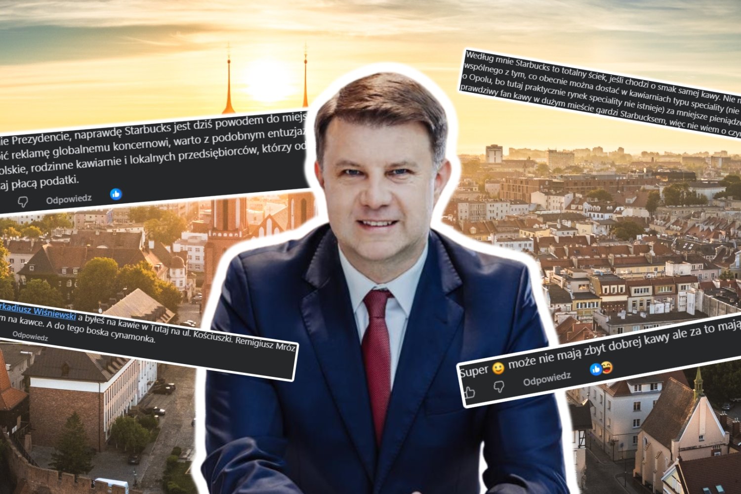 Prezydent Opola Arkadiusz Wiśniewski. W tle panorama Opola. Wokół niego screeny komentarzy z Facebooka.