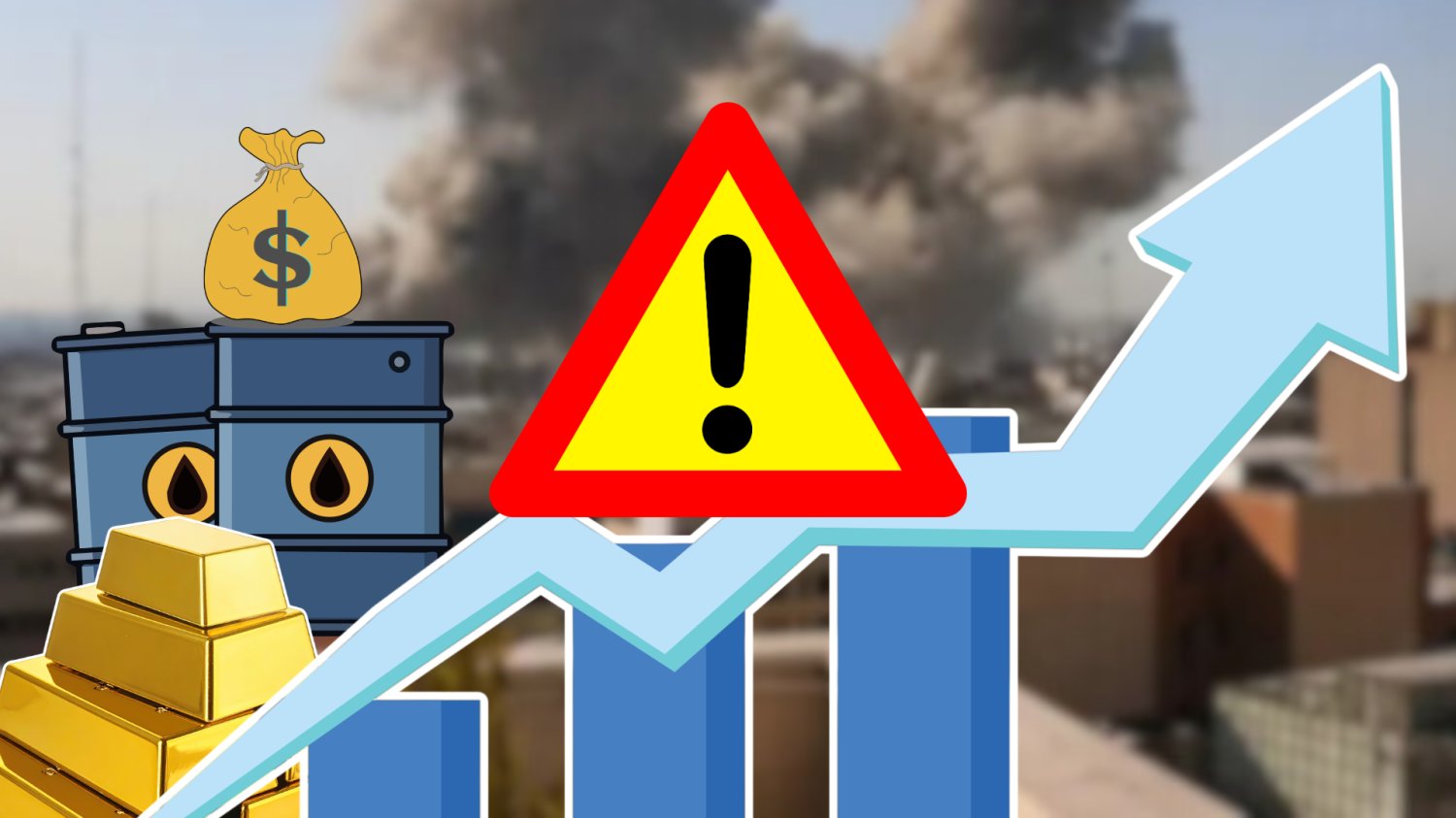 Ropa, złoto i dolar w górę. Globalny strach po atakach na Iran Wykres rosnący w górę. Po lewej stronie ropa, złoto i worek dolarów. Na srodku znak niebezpieczeństwa.