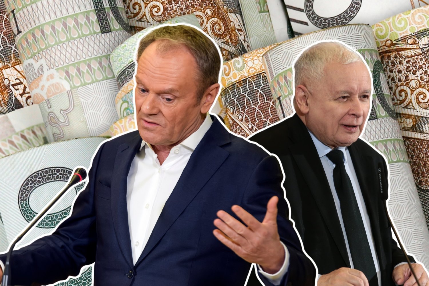 Donald Tusk z rozłożonymi rękoma. Uśmiechnięty Jarosław Kaczyński. W tle pieniądze.