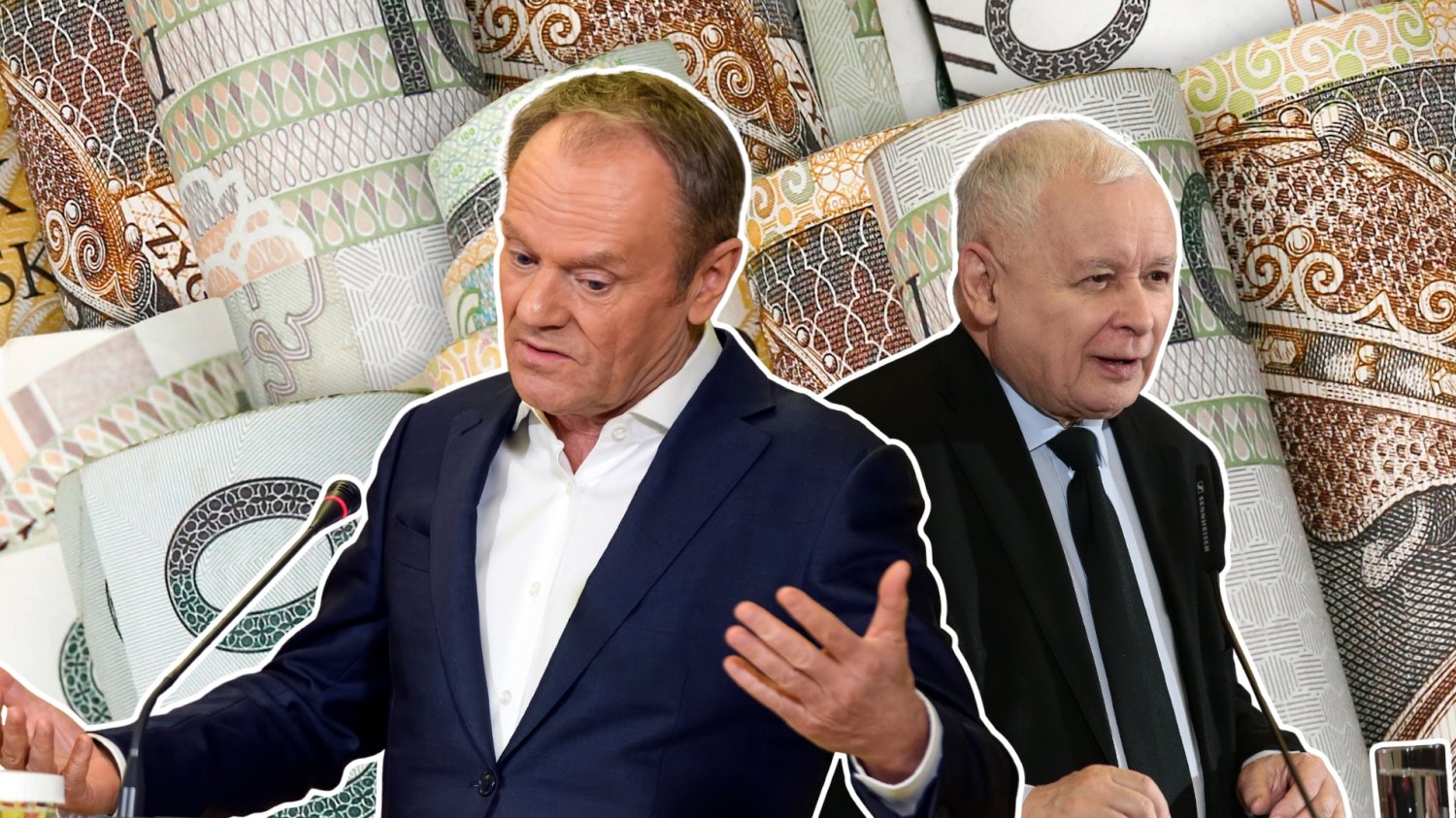 Donald Tusk z rozłożonymi rękoma. Uśmiechnięty Jarosław Kaczyński. W tle pieniądze.