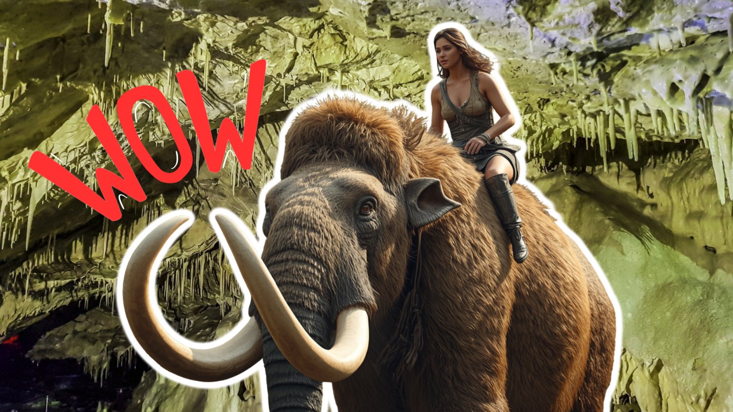 Dolny Śląsk szykuje gigantyczną niespodziankę. Skały otwierają bramy do innego świata Kobieta jeżdżąca na mastodoncie. W tle Jaskinia Niedźwiedzia na Dolnym Śląsku.