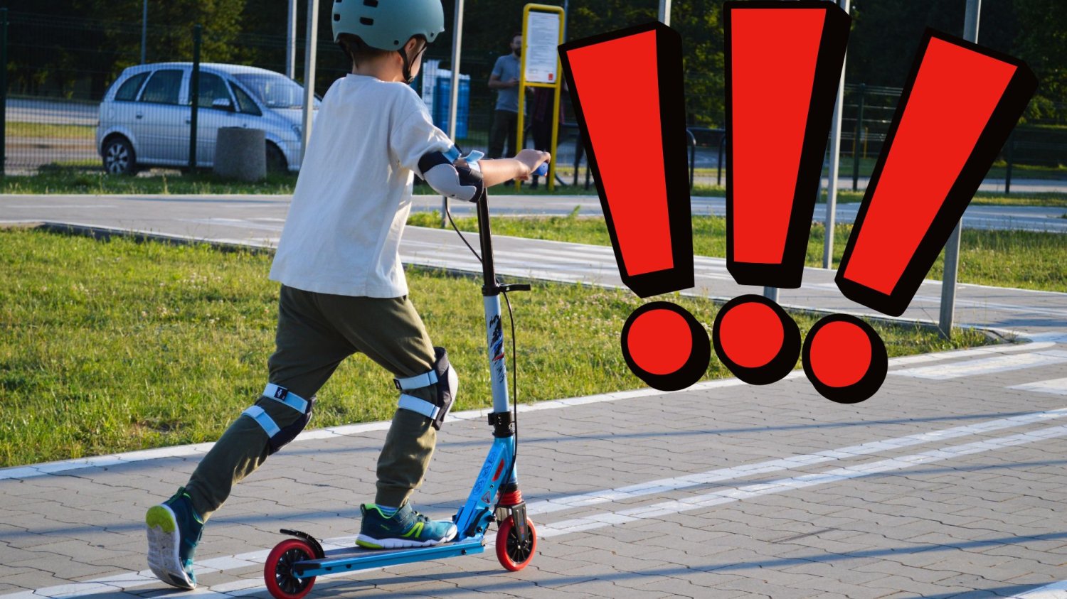 Dziecko na e-hulajnodze, wykrzykniki.