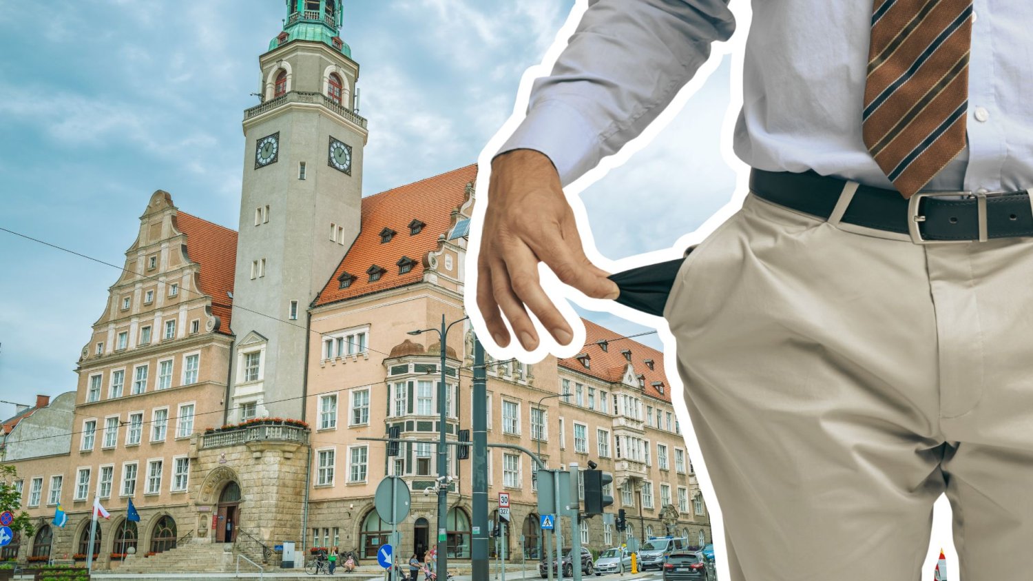 Ratusz w Olsztynie i człowiek pokazujący, że nie ma nic w kieszeniach. Dziura w budżecie Olsztyna. Miasto bierze się za niepłacących czynszu