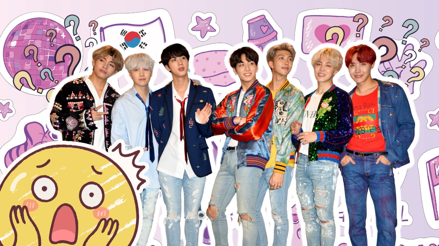 Zespół BTS, muzyka K-POP. W tle naklejki z flagą Korei i kawaii napisami.