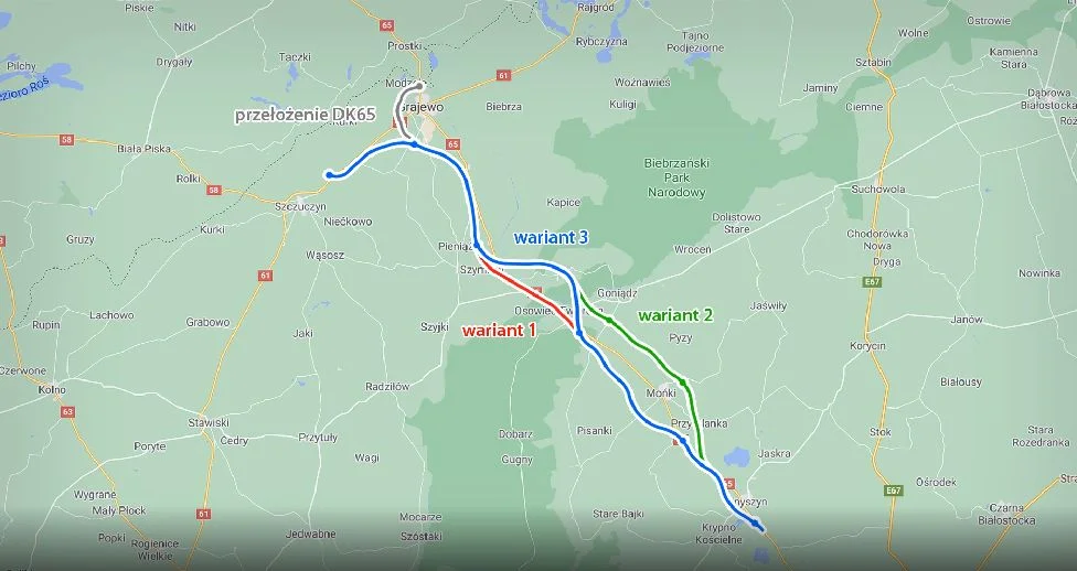 Warianty przebiegu trasy S16 między Ełkiem a Knyszynem.