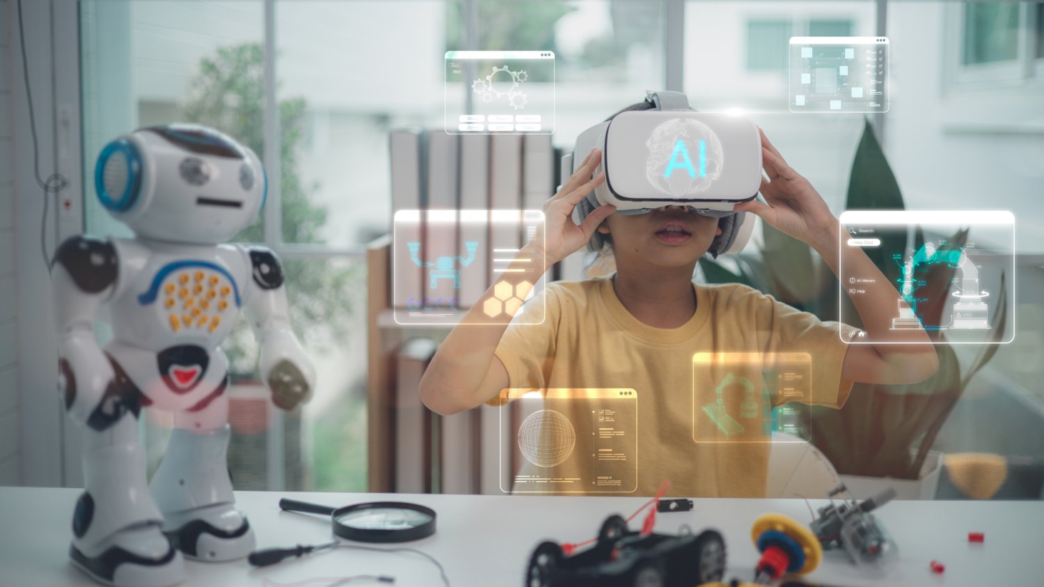 Chłopiec używa google VR i sztucznej inteligencji do nauki.
