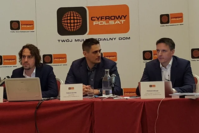 Tobias Solorz i jego najbliżsi współpracownicy od lewej Maciej Stec, odpowiadający za kontent mediów i reklamę Polsacie Cyfrowym oraz Tomasz Szeląg, spec od finansów spółki.