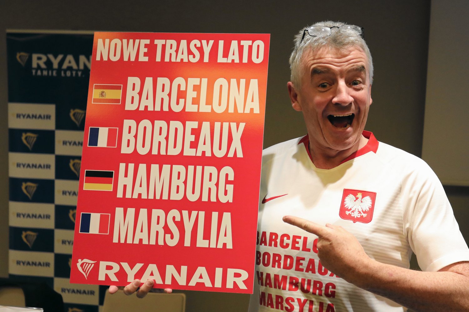 Dyrektor Generalny linii lotniczych Ryanair Michael O`Leary podczas konferencji prasowej Ryanair podczas ogłaszania nowych tras