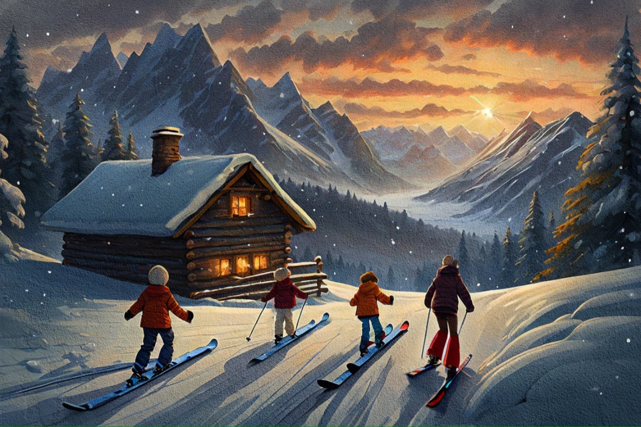 Dzieci na nartach, chata góralska.
