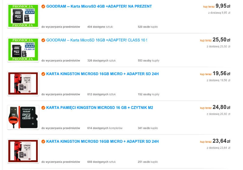 Karty microSD w serwisie Allegro.pl.