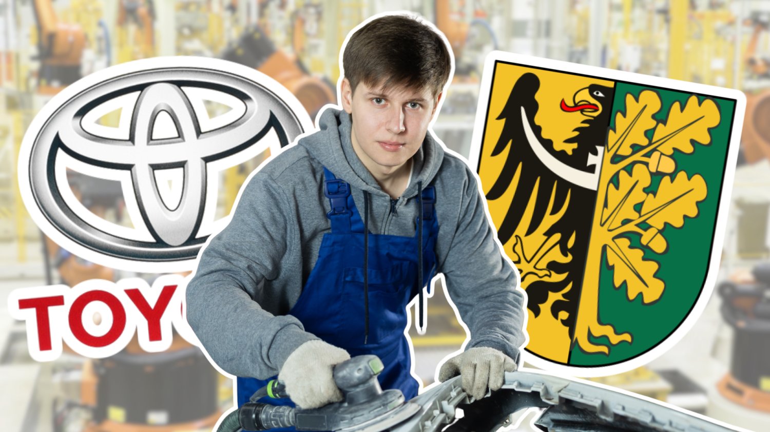 Mlody mezczyzna naprawiajacy czesc samochodu. Obok logo Toyota i herb Wałbrzych. W tle fabryka Toyoty.