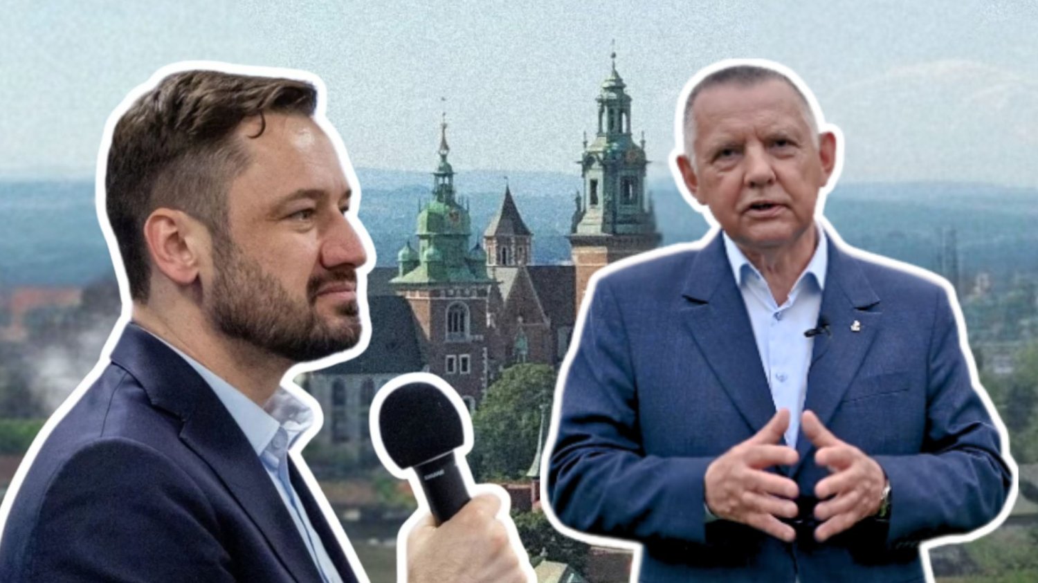 Marian Banaś powalczy o fotel prezydenta Krakowa. Rzuca wyzwanie Miszalskiemu. Aleksander Miszalski, Marian Banaś na tle panoramy Krakowa.