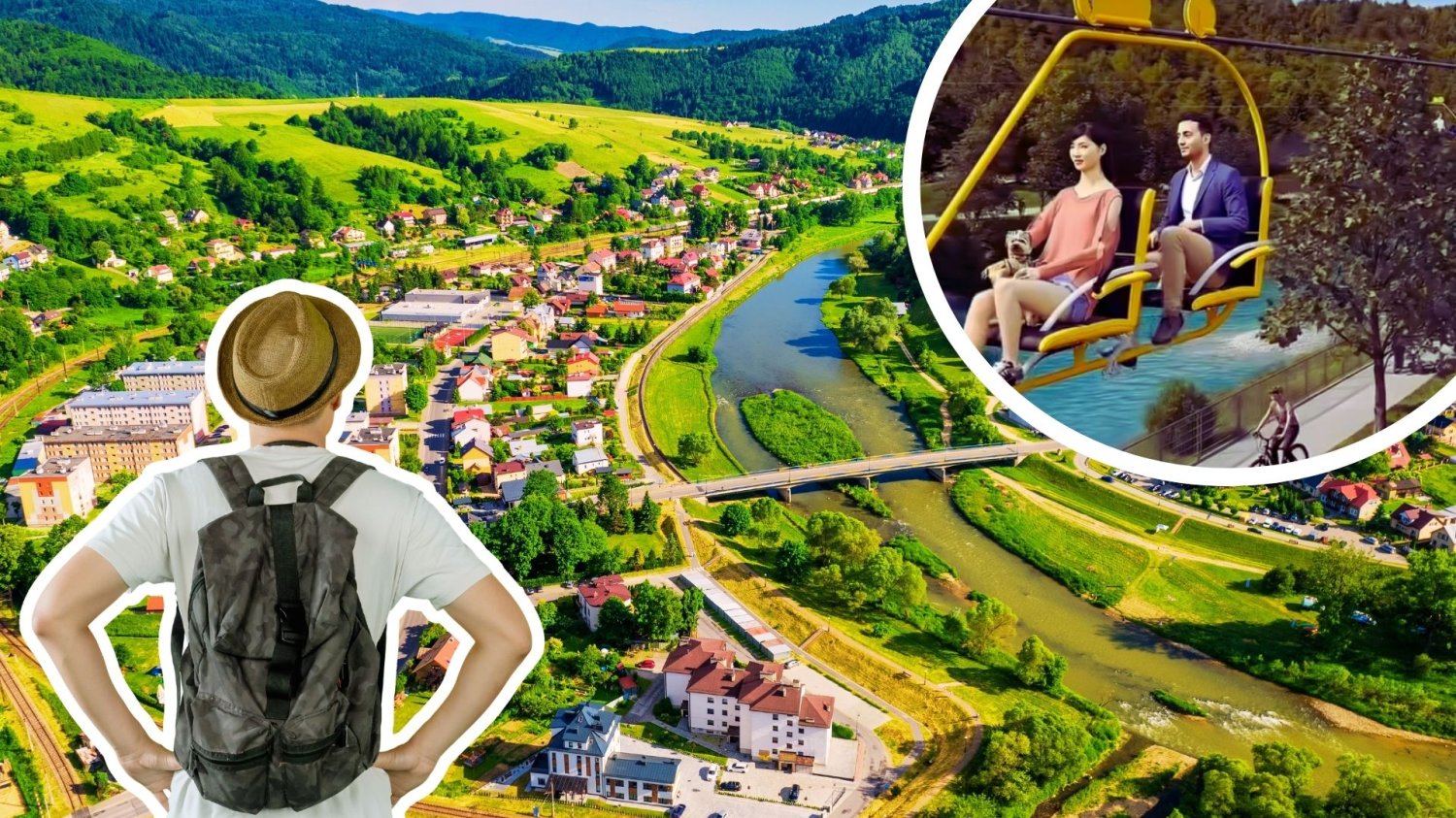 Podniebne rowery z widokiem na góry w Małopolsce. To może być turystyczny hit Widok na Muszynę, z lewej turysta w kapeluszu z plecakiem oraz wizualizacja "podniebnego roweru". Rowery 8 metrów nad ziemią. Ta atrakcja w Muszynie będzie zapierać dech