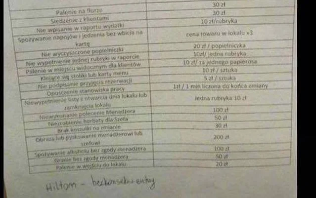 Dalsza część "cennika".